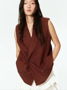 NEW! H&M Double Breasted Sleeveless Oversized Brown Blazer Size L